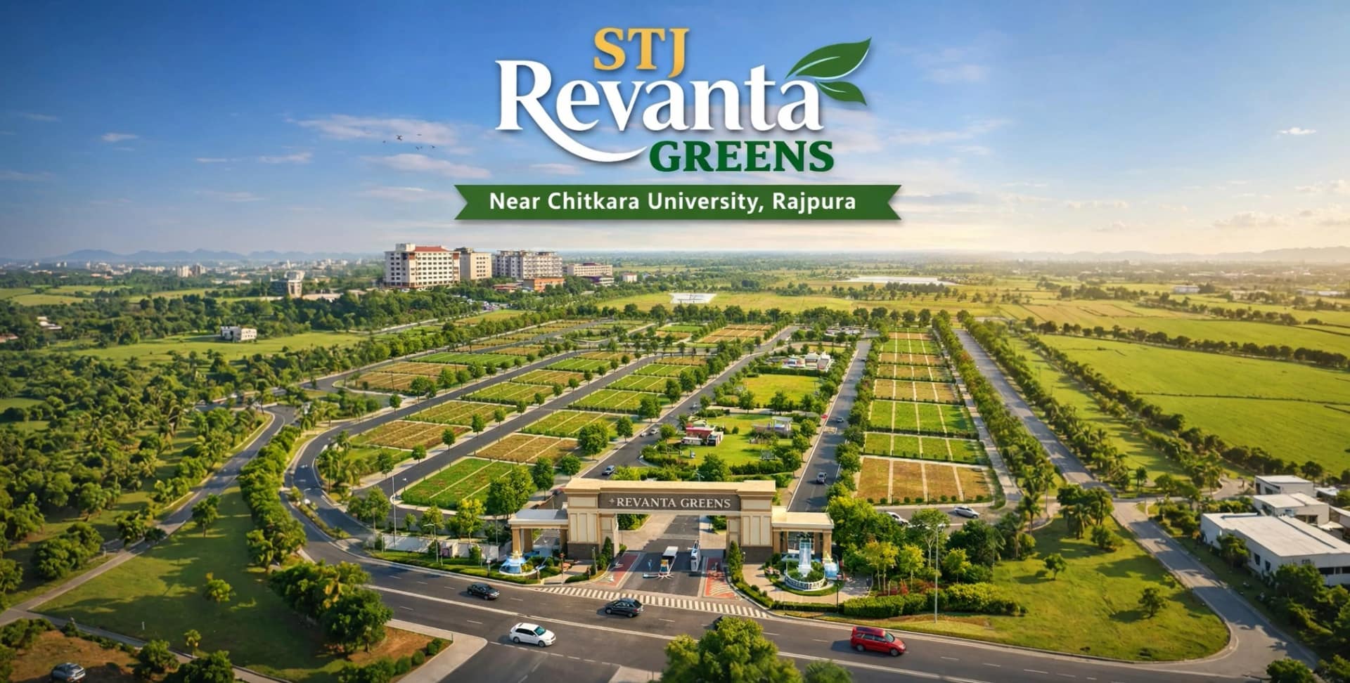 MCC Revanta Greens – Aerial View Aerial view of the MCC Revanta Greens plotted township near Chitkara University, Rajpura